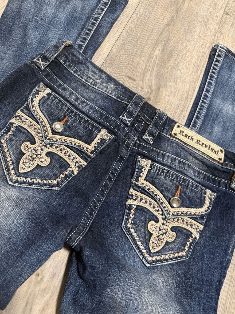 Rock Revival Mid Rise Boot Jeans 27 Rhinestone Embroidered Flap Pocket Dark Wash